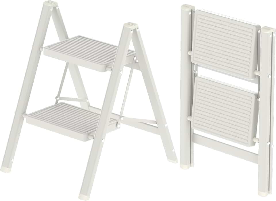 2 Step Ladder, Folding Step Stool with Anti-Slip Wide Pedal, Anti-Slip Feet, Sturdiest Steel Construction, 330lbs Capacity Steel Ladder for Home and Office, White
