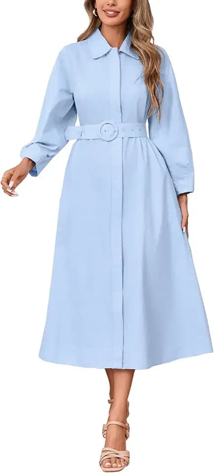 Womens Cotton Button Down Midi Shirt Dress Long Sleeve Collared Dress