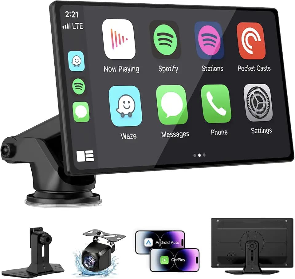 9" Wireless Apple Carplay Screen for Car, Portable Wireless CarPlay with Apple Car Play & Android Auto, OTA Updates, Backup Camera, GPS Navigation/Bluetooth 5.0/Mirror Link/Voice Control/AUX/FM