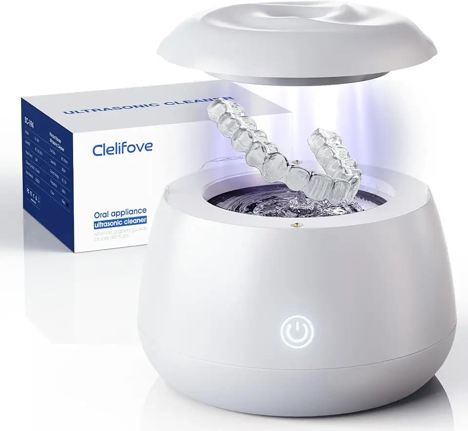 Ultrasonic Retainer Cleaner Machine 48kHz Denture and Aligner Cleaning Pod for Mouth Guards Night Guards Dental Trays Braces Toothbrushes Jewelry with 200ML Capacity (White)