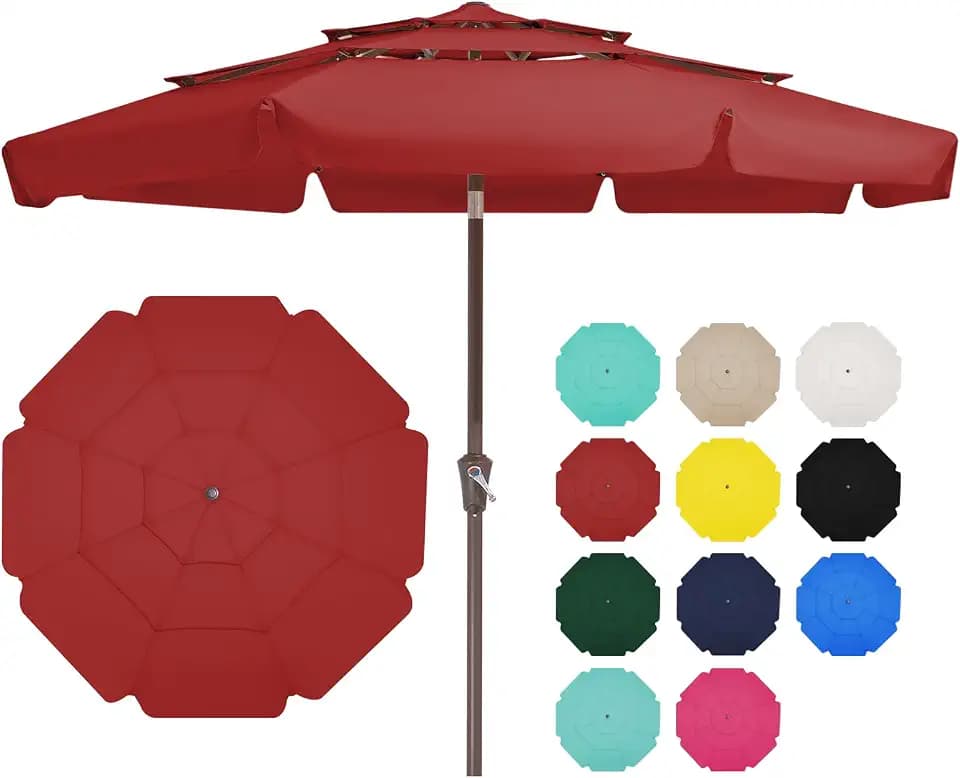 JEAREY 9 ft 3 Tier Outdoor Patio Umbrella with Push Button, Red