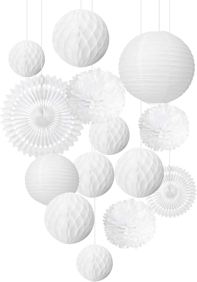 EASY JOY Hochzeitsdeko Vintage Lampions Pompons Deko Weiß Lampions Weiß