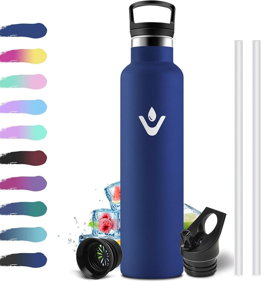 Trinkflasche Edelstahl 1 Liter, Thermosflasche mit Strohhalm, Thermoskanne Auslaufsicher, BPA-Frei, Einhandöffnung, Kohlensäure Geeignet, Wasserflasche für Sport, Laufen, Fahrrad, Sprudel, Yoga
