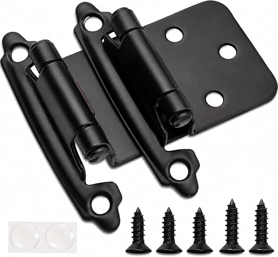 Decobasics 1/2" Overlay Matte Black Cabinet Hinges 50 Pack (25 Pair) Self Closing Bath & Kitchen Cabinet Hinges Black Flush Mount w/Door Bumpers & Upgraded Screws