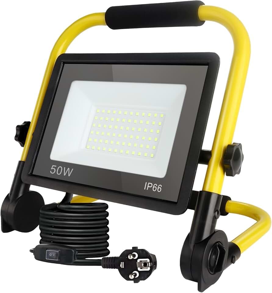 50 W 5400LM LED Construction Spotlight, Construction Site Lamp with Plug, IP66 Waterproof Construction Spotlight with 3.5 m Cable, Portable for Workshop or Construction Site, Garage, 6000 K Daylight