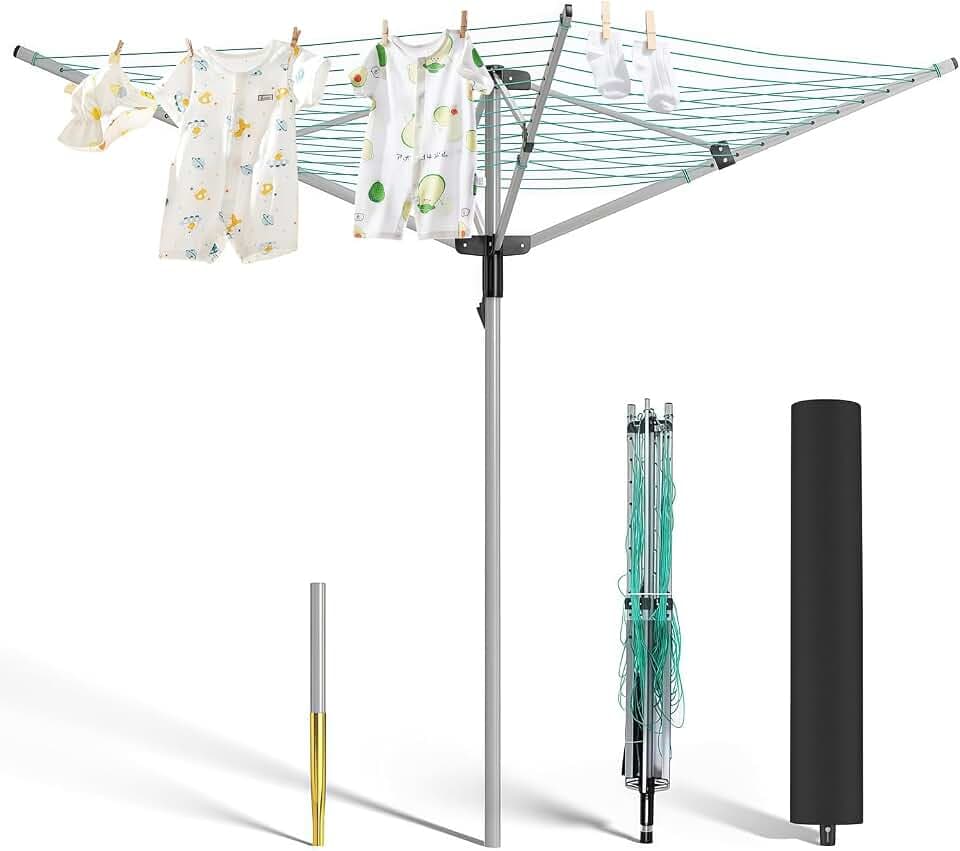 Regenschirm Wäschespinne Faltbar Turm Einziehbar Wäschespinne Draußen wäschespinne für Balkon Camping Standtrockner, (4-armig, 40 m)