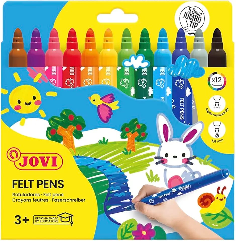 Jovi dicke Filzstifte, Strichbreite: 5,8 mm, auswaschbar, eindrücksichere Spitze, Set mit 12 Farben, Sortiert