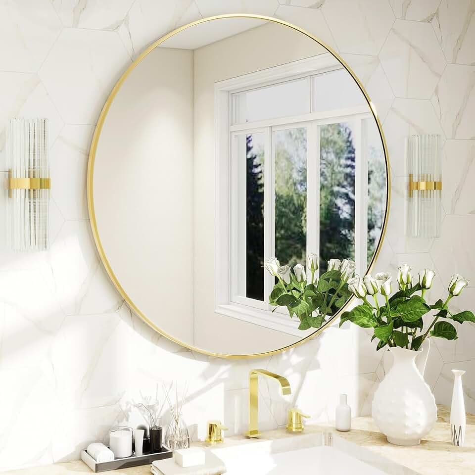 BEAUTYPEAK 20 Inch Round Mirror, Metal Frame Circle Mirror, Gold