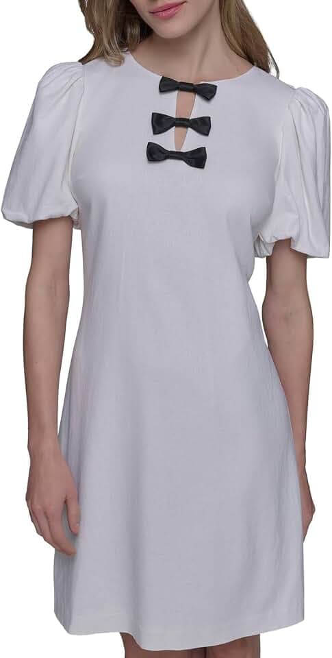 Karl Lagerfeld Women's Short Puff Sleeve Bow Detailed Neck A-line Mini Dress