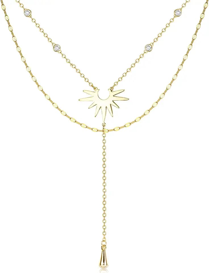 Dochais Dainty Gold Layered Necklace for Women, 14K Gold Plated Y Necklace & Chain, Dainty Lariat Long Necklaces, Trendy Cubic Zirconia Choker, Sun, Heart, Pearl & Cross Pendant Necklace, Jewelry Gift
