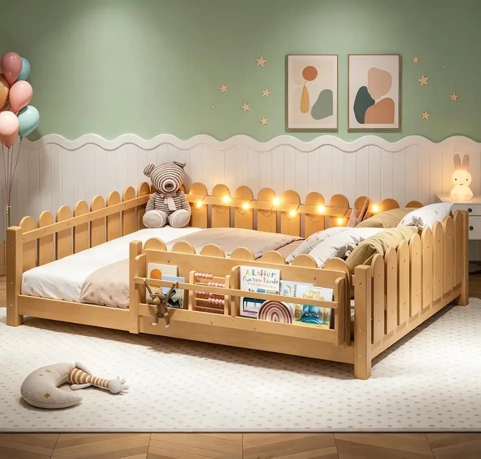 Bellemave Queen Size Floor Bed with high Rails and with Built-in Bookshelf for Kids, Girls, Boys, Wood Montessori Floor Bed Farm Style Design, Light Natural