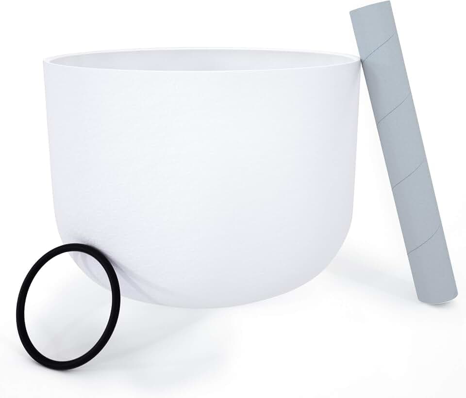 Klangschale, 20cm 440hz G-Note Weiß Throad Chakra, Kristall-Klangschale Crystal Singing Bowl mit O-Ring und Schlägel, Yoga, Geschenke