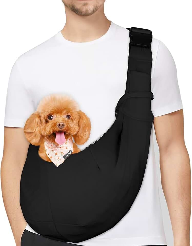 PETLOFT Reversible Dog Cat Sling Carrier, Small Dog Carrier, Adjustable Dog Sling, Hands Free Cross Body Carrier with Collar Hook for Dog/Cat/Bunny up to 10lb, Black