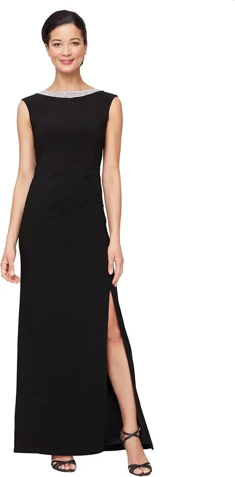 Alex Evenings Women's Long Jersey Dress with Ruched Front and Embellished Neckline (Petite and Regular Sizes)