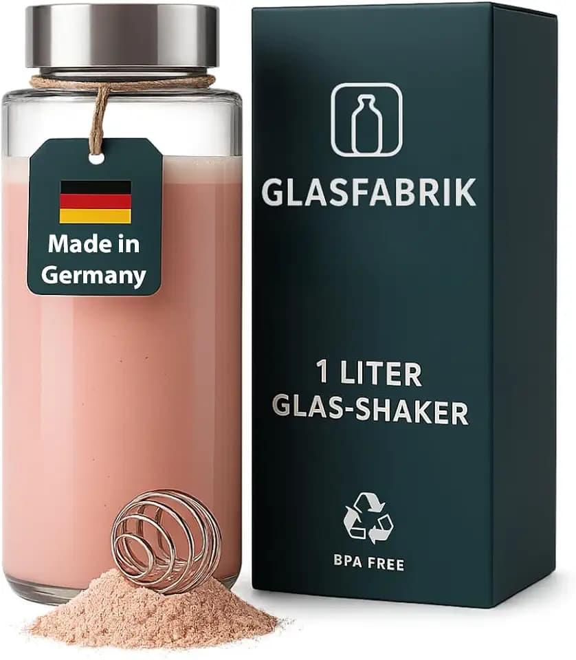 GLASFABRIK Premium Glas Shaker Proteinshake | 1 Liter BPA-freie Glasflasche mit Edelstahlkugel | Nachhaltiger Protein Shaker aus Glas | Geschmacksneutral & auslaufsicher | Deutsche Markenqualität