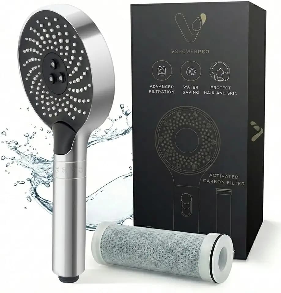 V Shower Pro Duschkopf mit Filter gegen Kalk, Hochdruck, Weiches Wasser, Chlor entfernt, Handbrause, Duschbrause, Silikondüsen, Premium Chrom, Sanft zu Haar & Haut