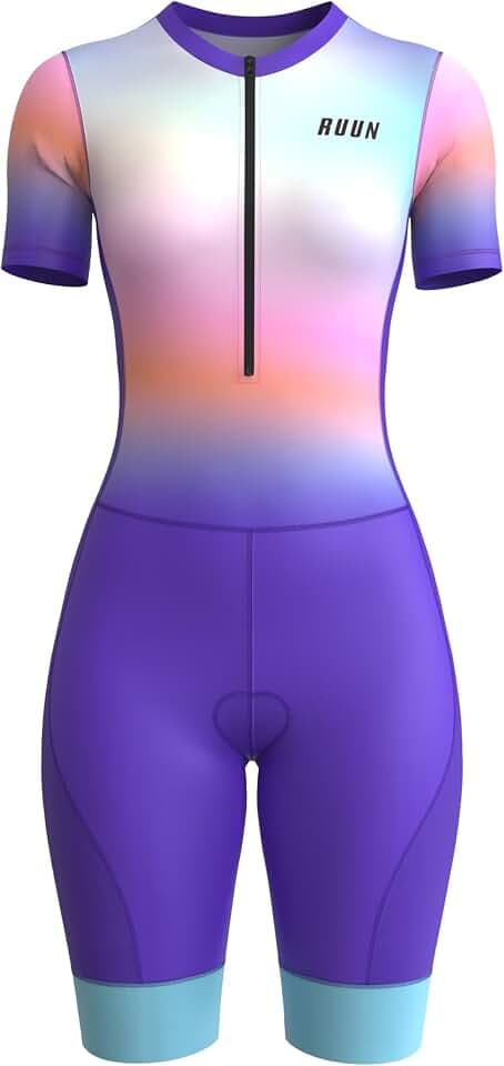 RUUN Damen Radtrianzug Halbarm mit Taschen Mesh Triathlon Gepolsterter Anzug mit Hi Viz Reflection Skinsuit Power Band und Beingreifern