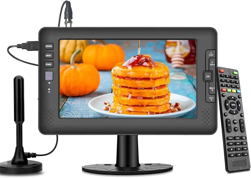 Jexiop 9" IPS Screen Portable TV with Digital ATSC Tuner, USB Port, AV Input, Built-in Rechargeable Battery, Mini TV for Camping, Caravan, Kitchen
