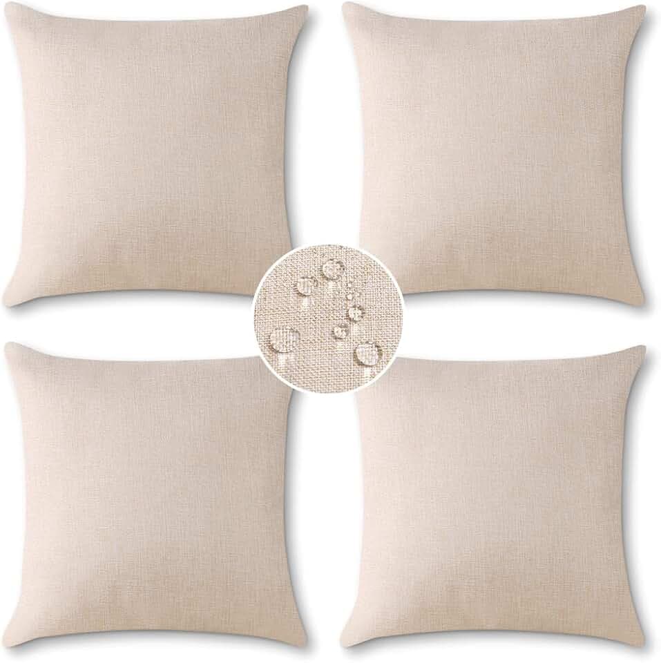 OTOSTAR Set of 4 Outdoor Waterproof Throw Pillow Covers Garden Decorative Pillow Cases Outdoor Pillow Covers Patio Square Cushion Case Pillows for Couch Tent Sofa Balcony Home Decor 18x18 Inch (Beige)