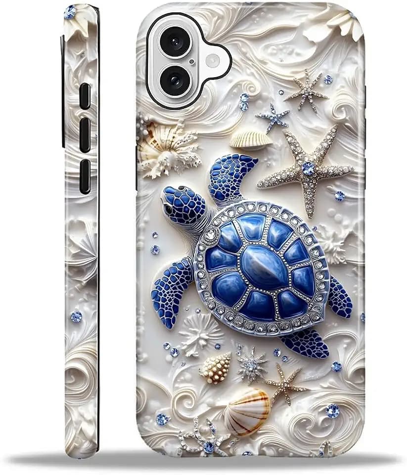 Case for iPhone 16, Hybrid Heavy Duty 2 in 1 Full Body Rugged Shockproof Protection Glossy Case for iPhone 16 - Sea Turtle Starfish Ocean