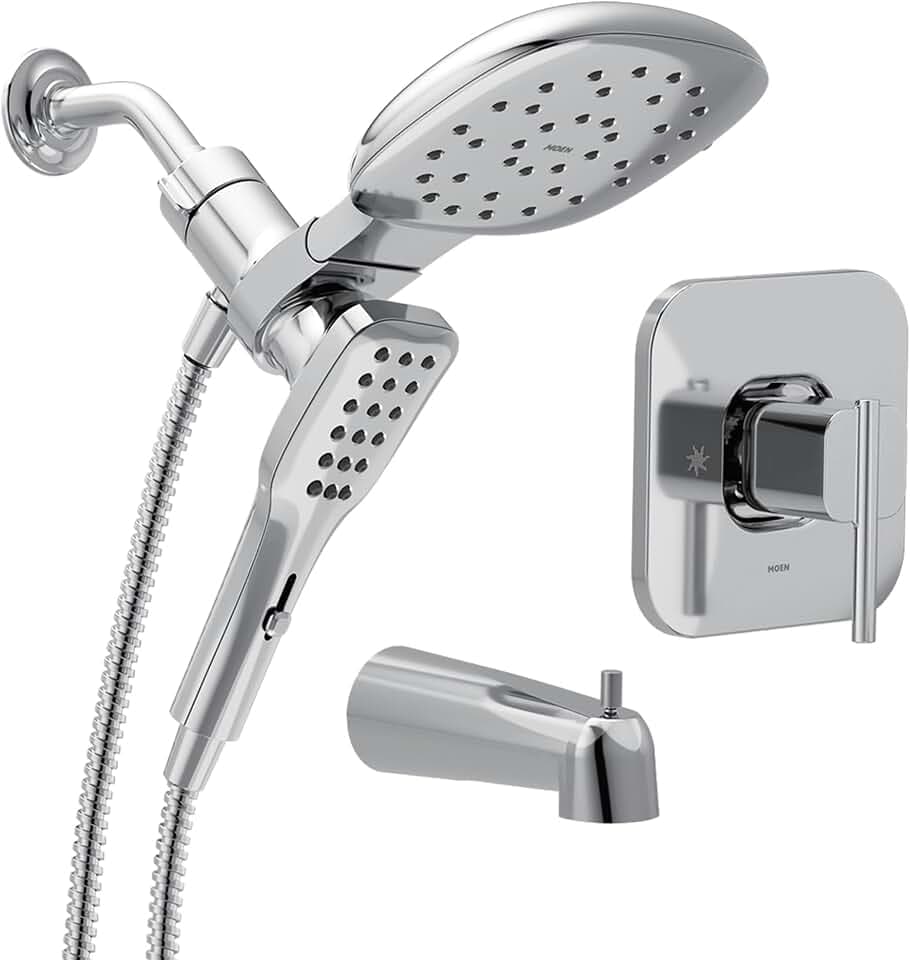 Moen Inara Chrome Handshower and Rainfall Shower Head with Lever Handle, Tub Spout, and Metal Hose, 84041
