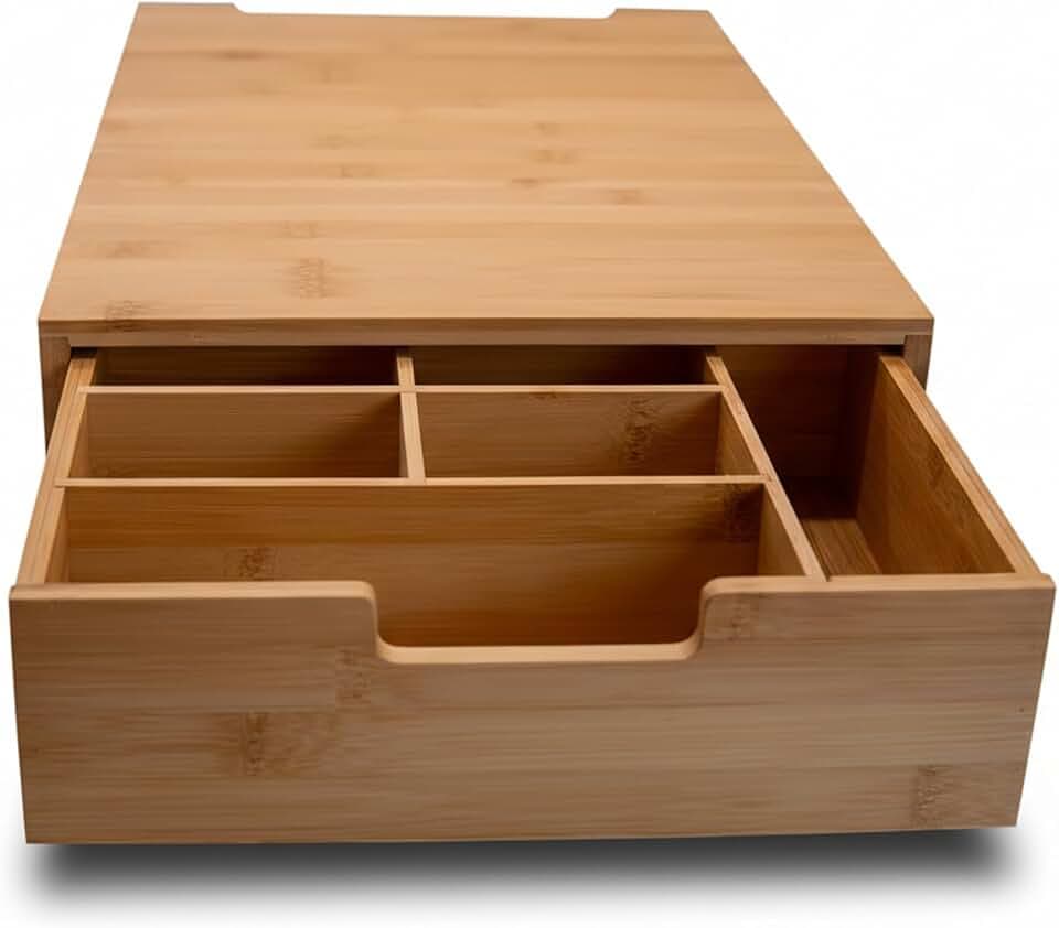 Tee Organizer Box mit Schublade, 45x30x10 cm, Kaffeemaschinenstand aus Bambus mit Schubladenbox zur Aufbewahrung von Teebeuteln, Besteck & Kaffee
