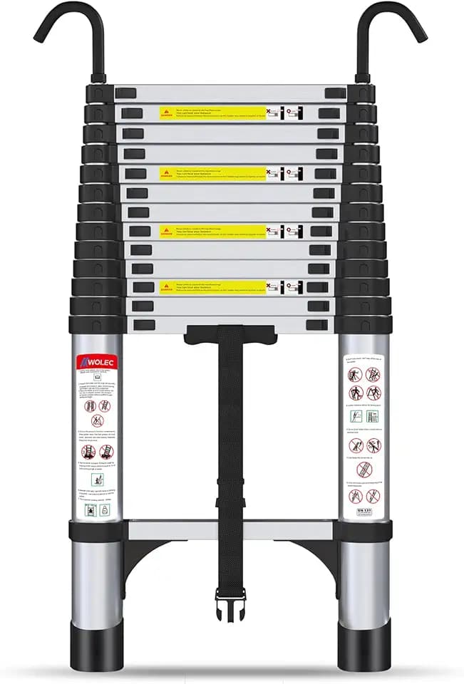 Telescoping Ladder with Hooks, 12.5 FT, 330 lbs Capacity, Silver