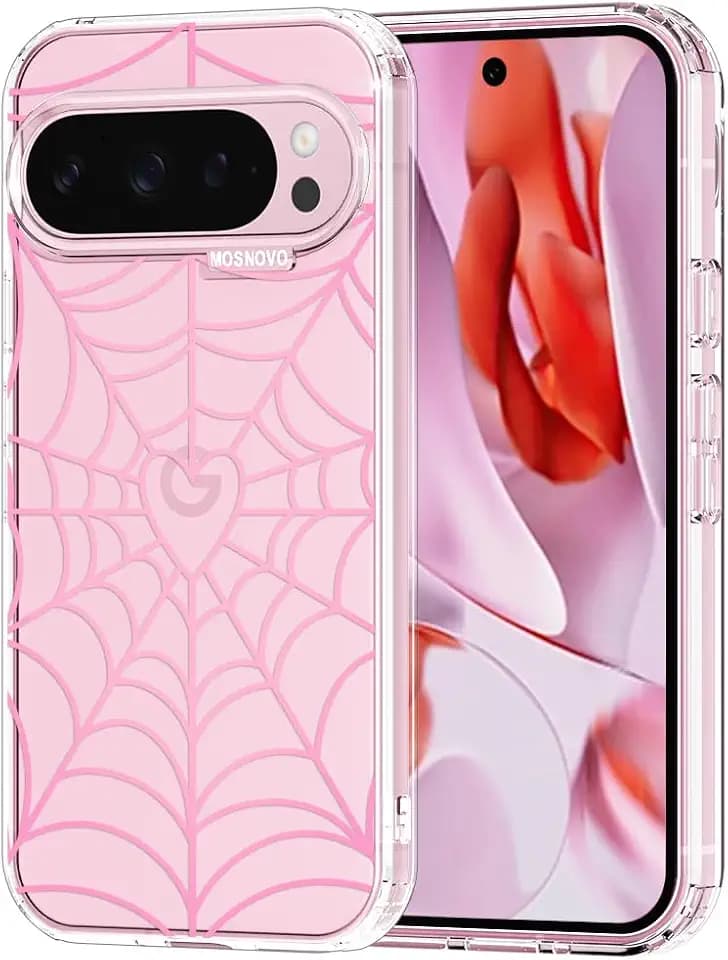 MOSNOVO for Google Pixel 9 Pro XL Case, Shockproof Military-Grade Protection 6.6ft Drop Tested, Clear Phone Case for Pixel 9 Pro XL, Pink Spiderweb Design