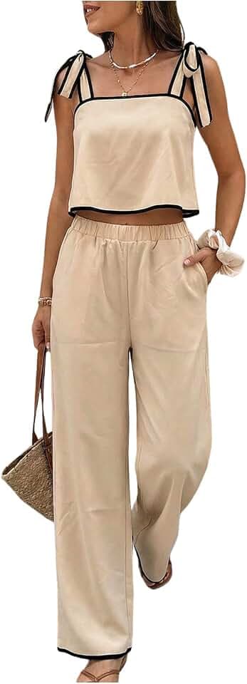 SOLY HUX Women's 2 Piece Set Tie Shoulder Crop Top and Pants