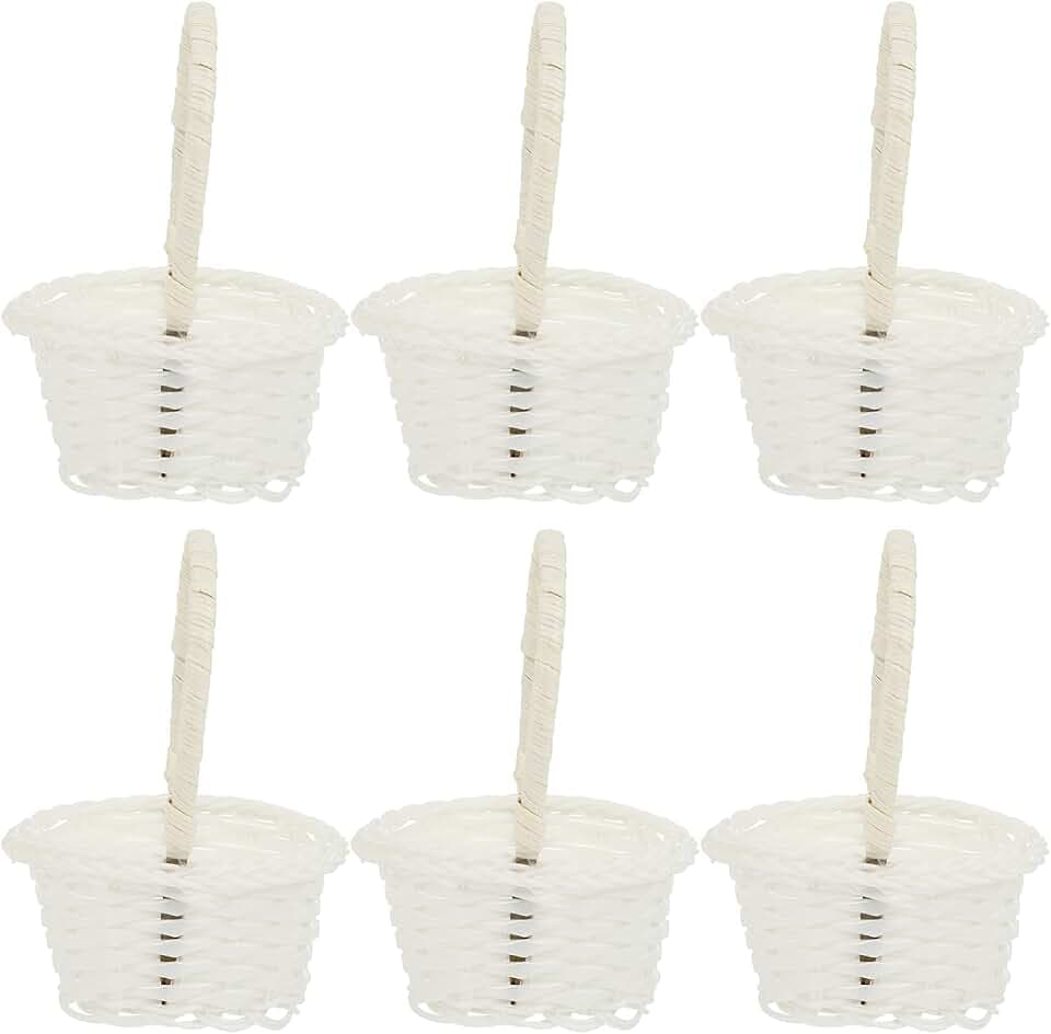 DOITOOL Weidenkorb aus Rattan mit Griff, weißer Mini-Blumenmädchenkorb, kleiner gewebter Korb für hängende Dekoration, Aufbewahrung, Hochzeit (oval, 10,2 x 8,9 x 14 cm), 6 Stück