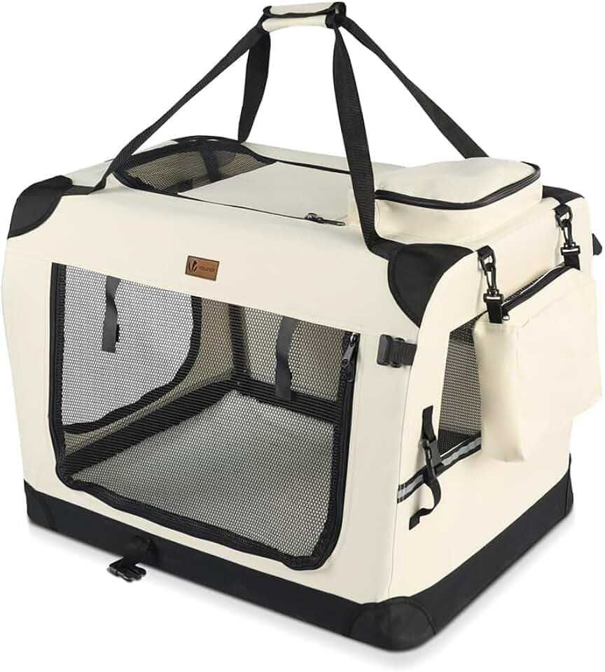 VOUNOT® Hundebox faltbar, Transportbox Katze Hunde, Hundetasche, Oxford-Gewebe, Netzstoff, Atmungsaktiv, Transportabel, Metallrahmen, mit Griffen, Taschen, 60x44x44cm M, Beige