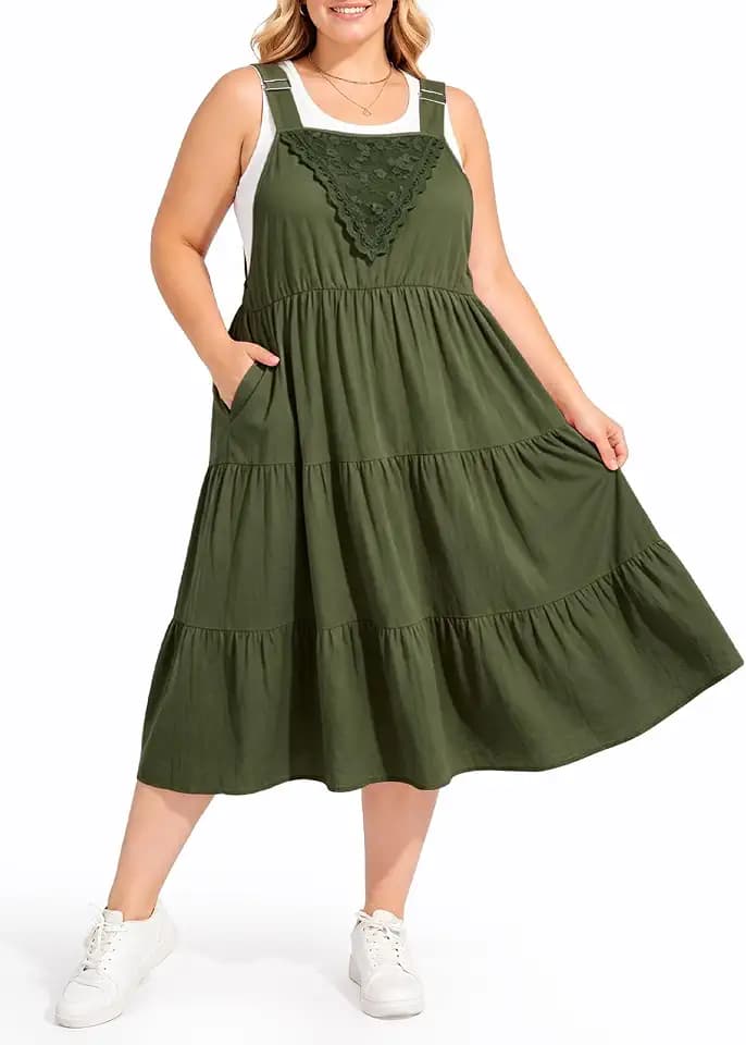 Moon Wood Plus Size Cotton Overall Dress for Women Casual with Pockets