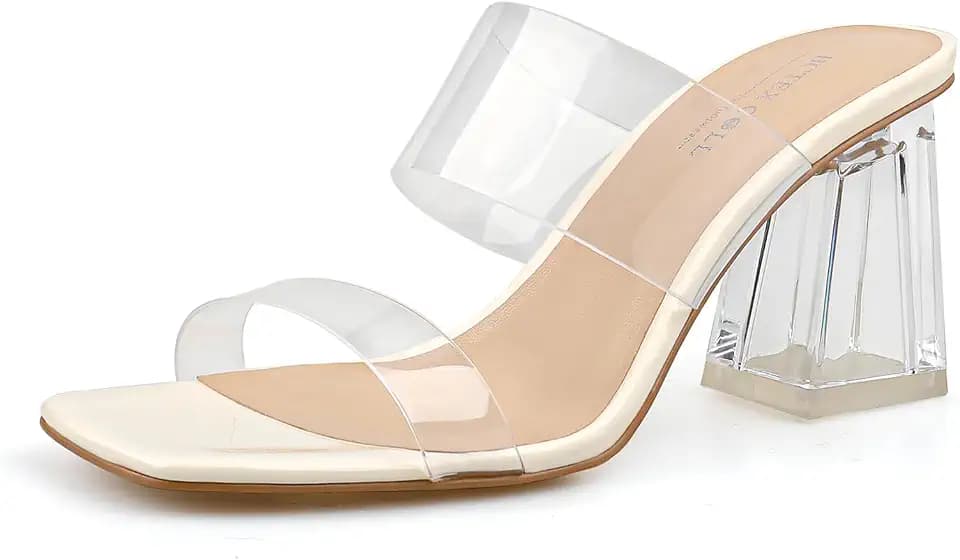 BCTEX COLL Women's Clear Heeled Sandals Two Strap Chunky Block Heels