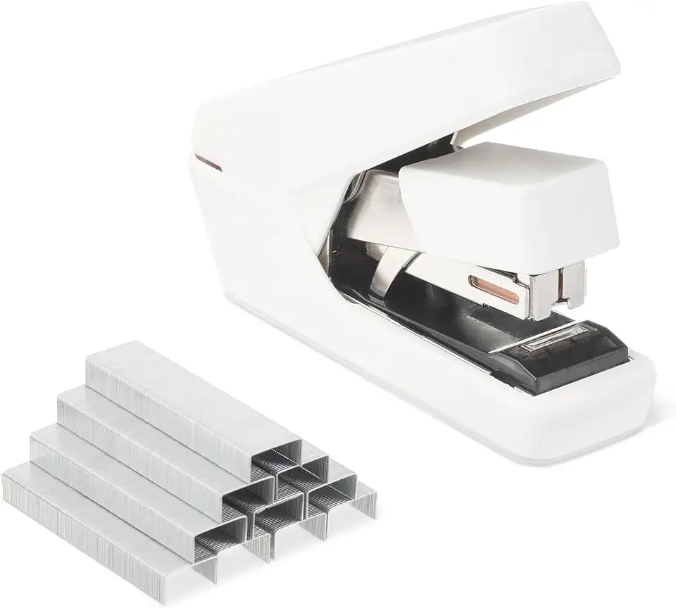 Amazon Basics Office Heavy Duty Stapler, Flat Clinch, Effortless, 40 Sheet Capacity, 1000 Staples, No Jam, for Classroom, Office or Desk Use, White