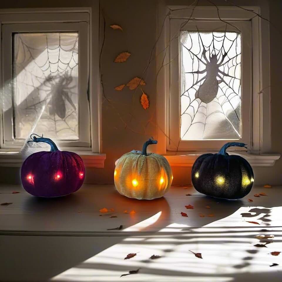 Flocked LED Pumpkin Decor Set for Halloween (3-Pack) - Soft-Touch Lighted Pumpkins for Indoor & Outdoor Holiday Display, Battery Operated(not Included
