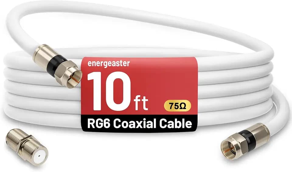 energeaster 10FT RG6 Coaxial Cable with F-Type Connector, White Coax Cable