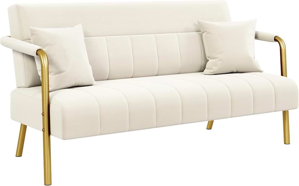 Yaheetech Zweisitzer-Sofa aus Samtstoff mit Zwei beigefarbenen Kissen