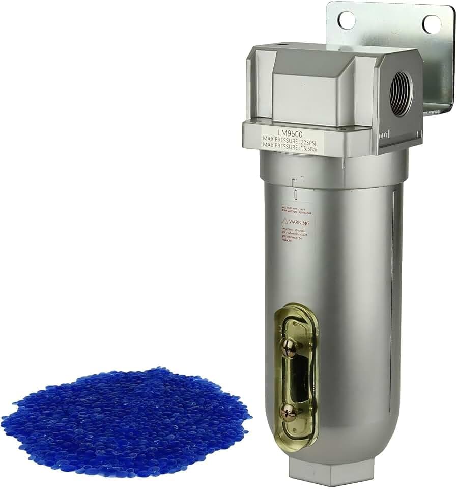 LM9600 1" IN LINE DESICCANT AIR DRYER - FOR COMPRESSED AIR PNEUMATIC - WITH 9oz METAL BOWL and visible sight glass - 225 PSI Max Output pressure - Desiccant Air Dryer Replacement