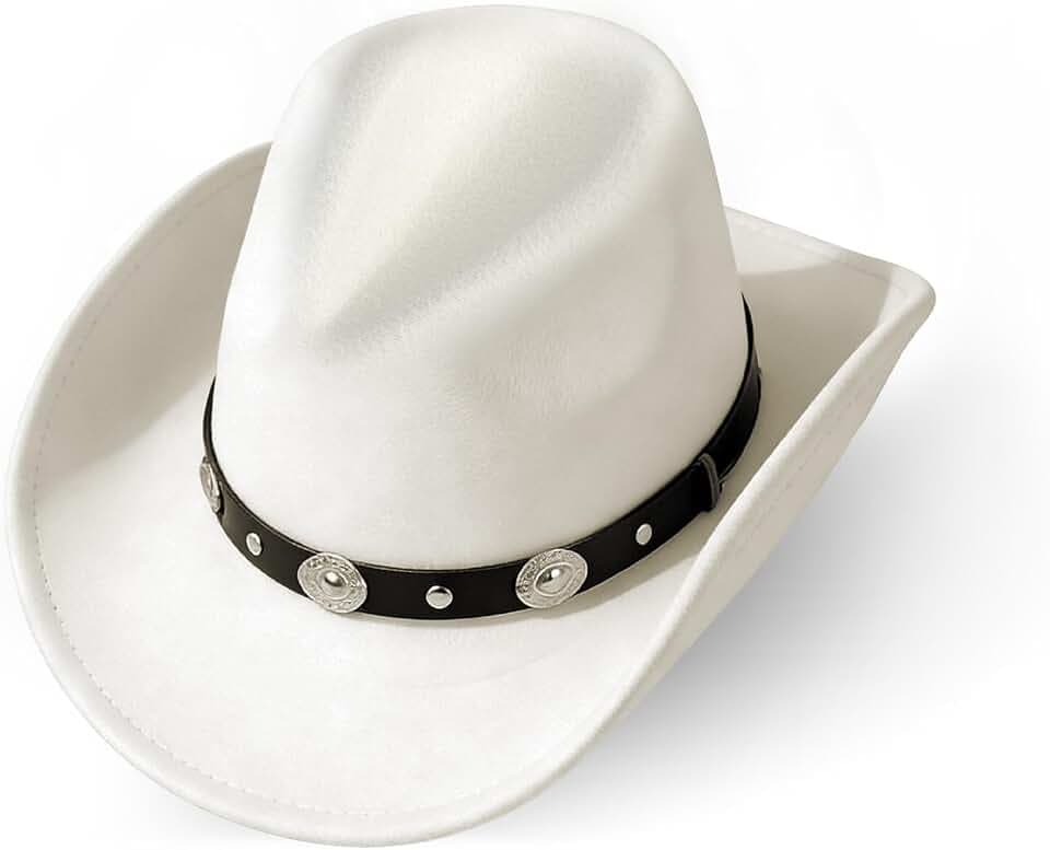 Westernhut Cowboyhut für Herren und Damen, mit Gürtel, Sonnenschutz, weicher Fedora-Hut mit formbarer breiter Krempe, für Mädchen und Jungen, Weiß, M