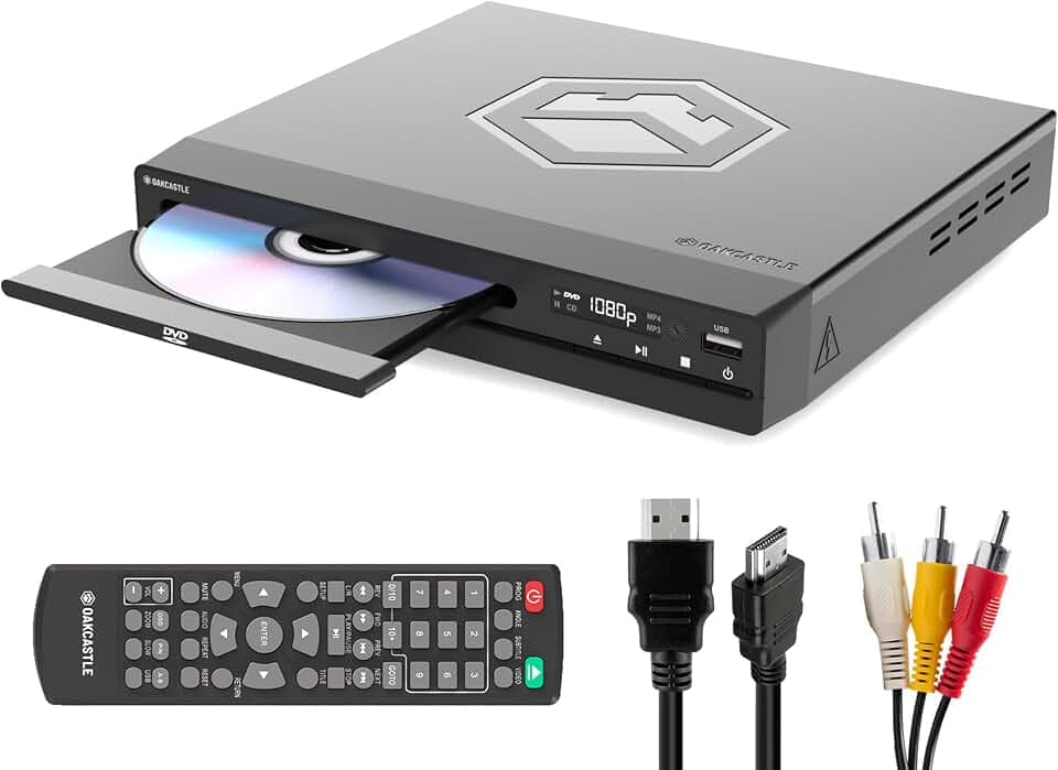 Compact DVD Player with Included HDMI | Multi Region Disc Playback | 1080 HD Upscaling | HDMI, RCA, & AV Connectivity | USB, MP3, & CD Playback | Easy Use Remote Control Included | OAKCASTLE DVD100