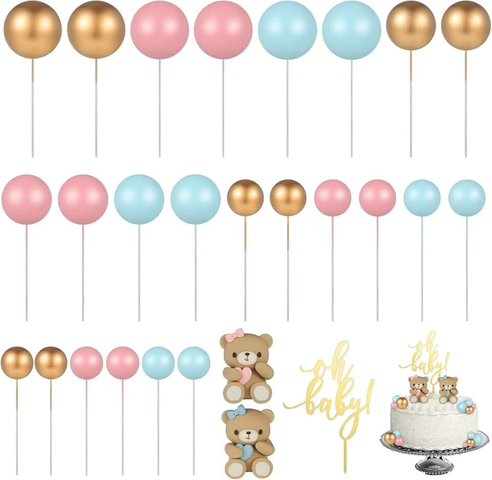 ALTcompluser 27 Stück Süße Bär Tortendeko Kugeln, mit Oh Baby Cake Topper