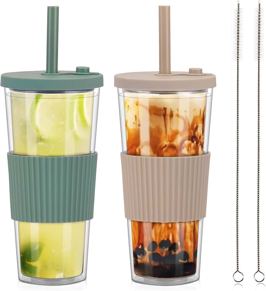 730ml Bubble Tea Becher mit Strohhalm und Deckel, 2pcs Trinkbecher