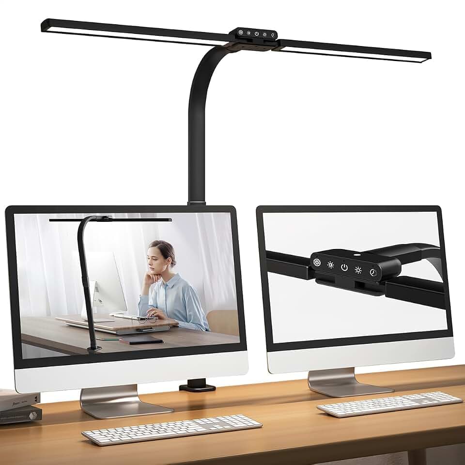 Hapfish Schreibtischlampe LED Klemmbar, 24W Doppelkopf Monitor Licht Bar, Super Breit & Hell, 5 Farbmodi und 5 Dimmstufen, Tageslichtlampe Dimmbar für Schreibtisch Büro Bildschirm Kinder