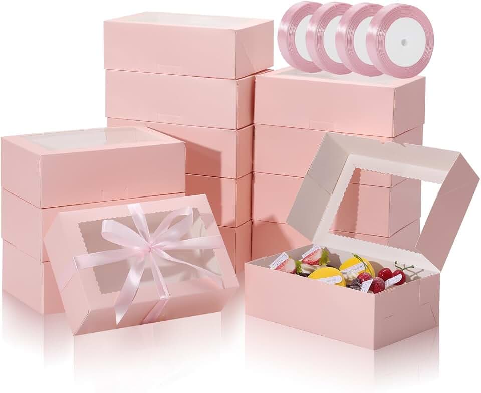 COTOPHER 50Pcs Cookie Boxes with Ribbons, 9x6x3 Inch Pink Bakery Boxes