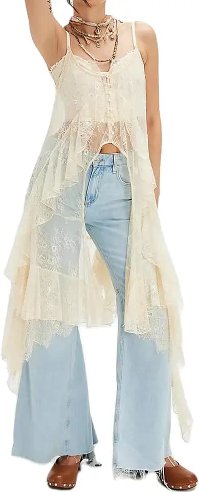 Women Split Front Sheer Flowy Long Cami Shirt Maxi Flowy Strap Tank Top