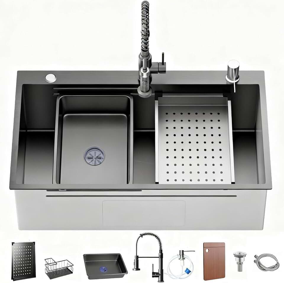 Black Drop-In Kitchen Sink:30in Stainless Single Bowl Sink &Accessories
