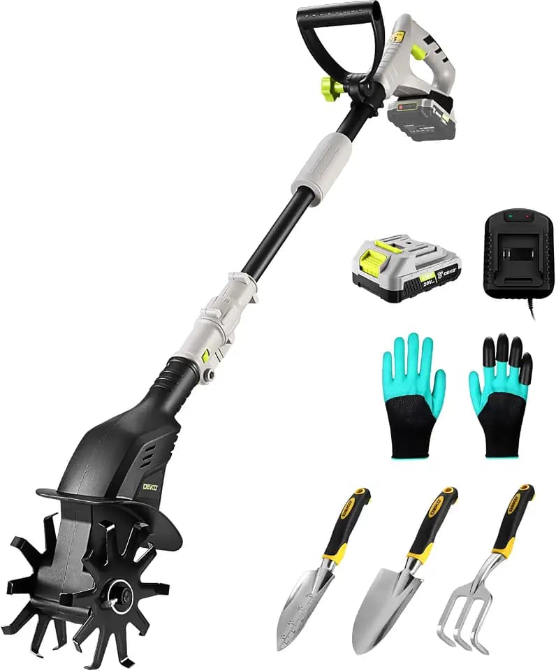 DEKOPRO Cordless Tiller Cultivator for Gardening, 20V Electric Garden Tiller with Battery & Charger, Lightweight Battery Powered Rototiller for Gardening, Yard, Soil Cultivation, Raised & Flower Beds