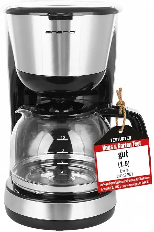 Emerio CME-122933, Filter Kaffeemaschine, 1.25l für bis zu 10 Tassen frischen Kaffee, herausnehmbarer Permanent-Filter, Anti-Tropf-Funktion, Kaffeekanne aus Glas, Auto-Off, 1000 Watt, schwarz/silber