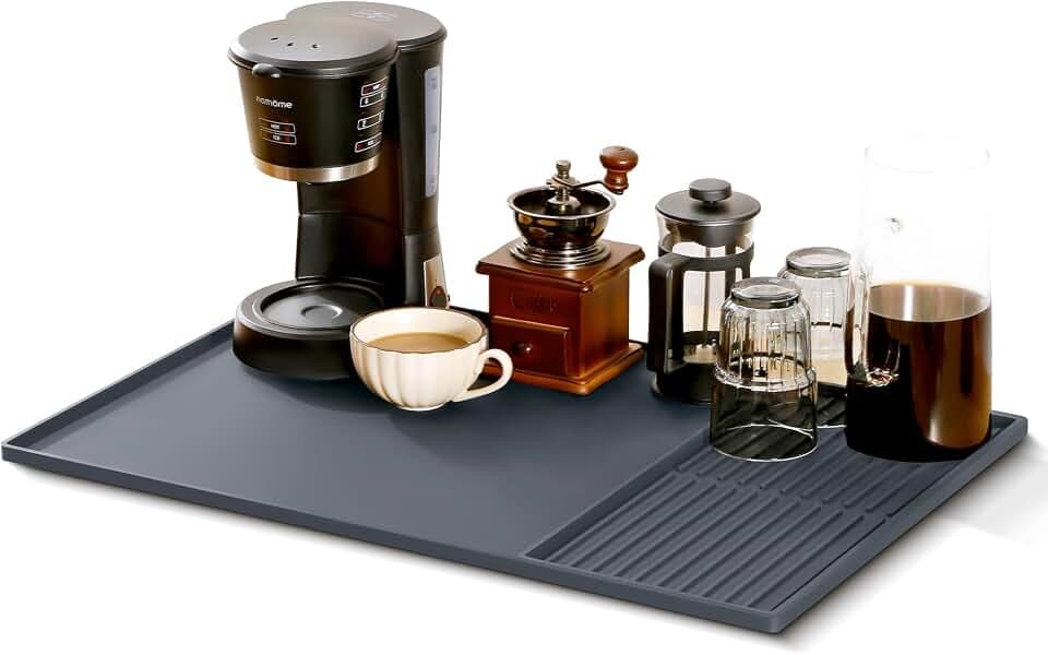 Abtropfmatte Geschirr, 40x60cm Unterlage Kaffeemaschine Matte Silikonmatte mit Abtropfmatte Spüle Trockenmatte Hitzebeständiges Rutschfeste, Silikon Matte Unter Kaffe (Grau)
