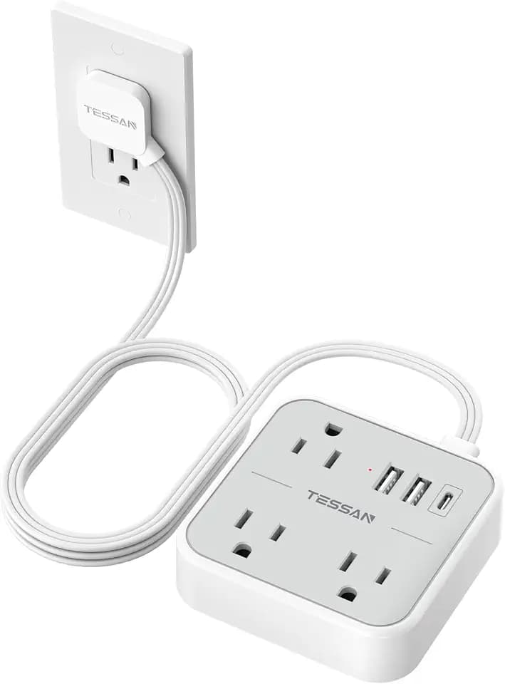 TESSAN Slim Power Strip with Ultra Thin Flat Extension Cord 5 FT，Grey